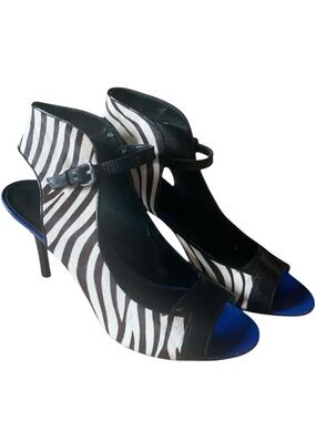 Strappy Sandals Leather Zebra Brahma Hair Open Toes Event Prom Black Blue H3” 8